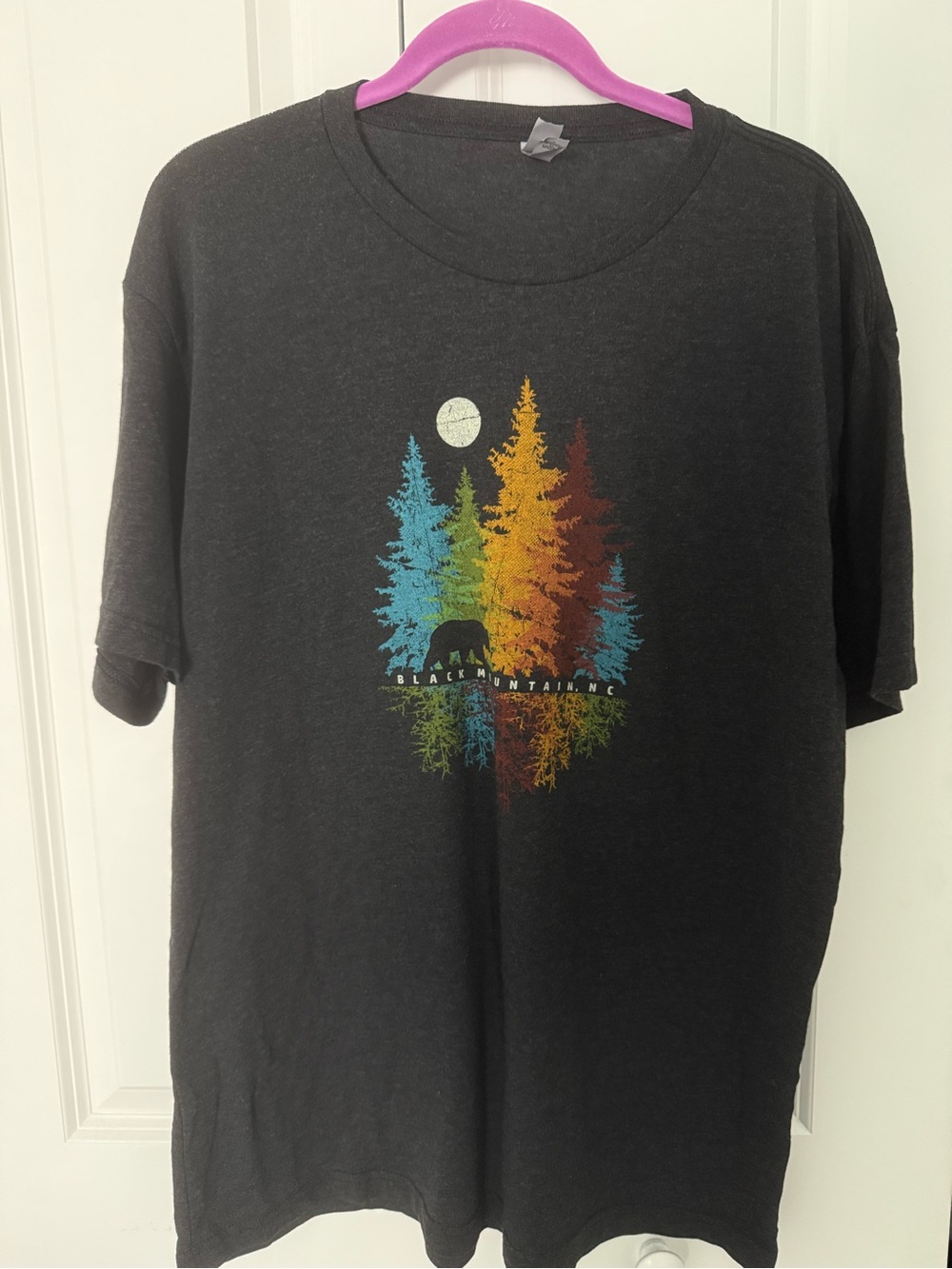 NWOT Black Mountain Women’s  Black Graphic T-Shirt with Colorful Trees